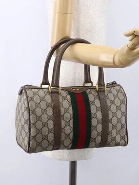 GUCCI GG Supreme Web Sherry Line Boston Bag PVC Beige Gold 39 02 006 Auth BA8449